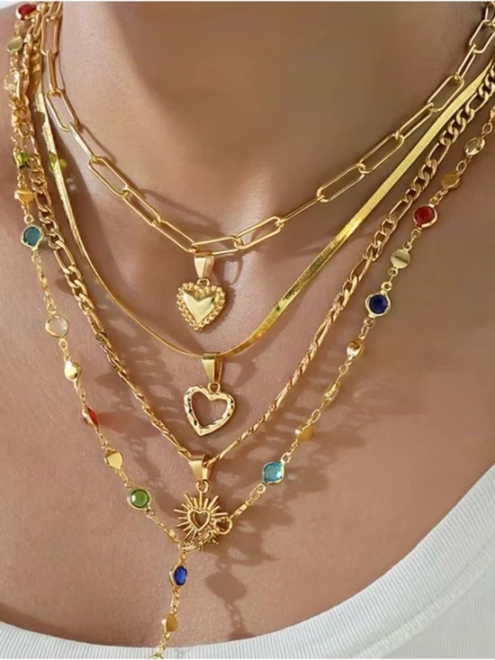 🔥 Gold-Tone 4 pc Layered Heart & Sun Multicolor Pendant Necklace - Picture 2 of 6